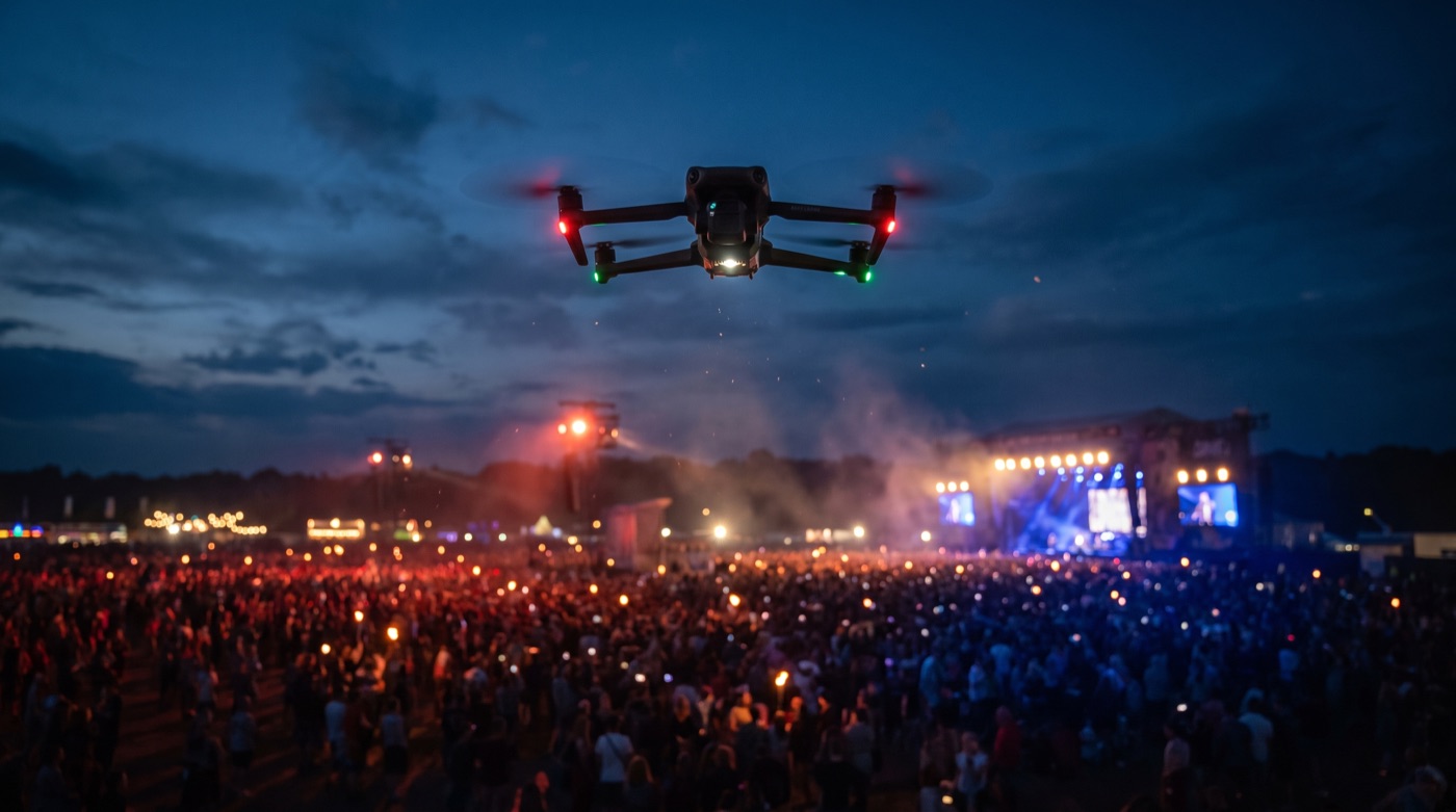 Symbolbild Drohnenaufnahmen: Drohne über Festivalgelände in der Dämmerung (KI-generiert)