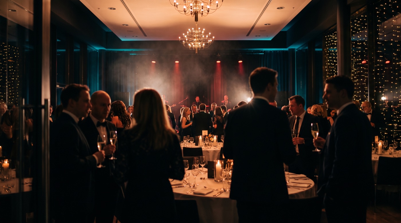 Symbolbild Firmenevent: elegante Gala mit warmem Licht (KI-generiert)