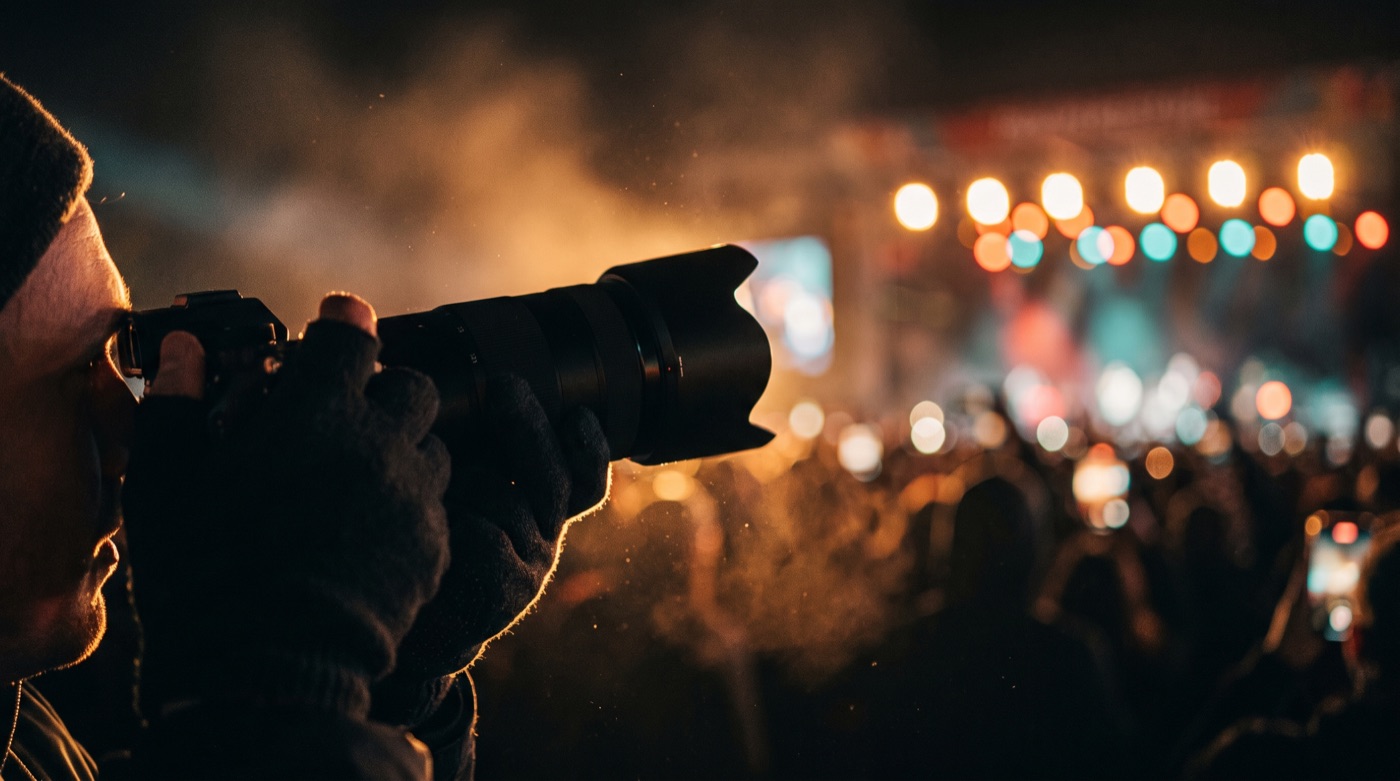 Symbolbild Eventfotografie: Kamera mit Teleobjektiv vor Bokeh-Lichtern (KI-generiert)
