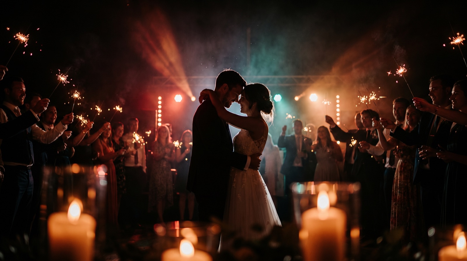 Symbolbild Hochzeit: Eröffnungstanz eines Brautpaars zwischen Wunderkerzen und Lichterketten (KI-generiert)