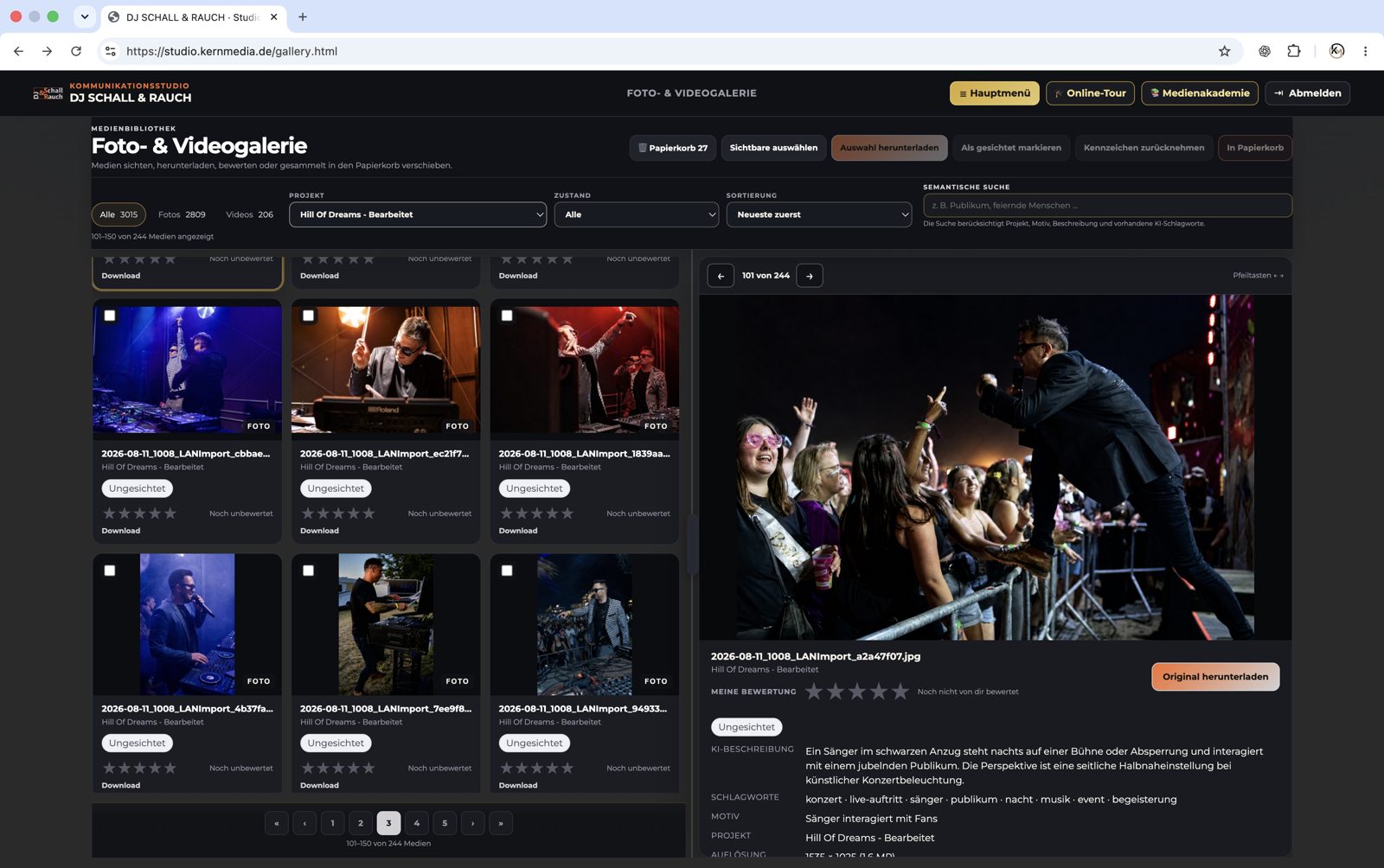 Kundenportal von KernMedia: Online-Foto- und Videogalerie mit KI-Beschreibung und Schlagworten (echter Screenshot)